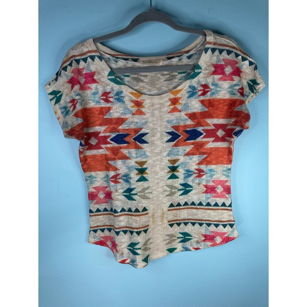 Gaze USA beige knit top multicolored geometric tribal aztec print small